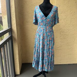 Sunday Mi Amor Floral Midi Dress Sz M Blue V-neck Tiered Garden Party